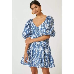 Blue Tassel Ikat Tiered Puff Sleeve Mini Dress Women XS‎ Blue White Anthropolgie
